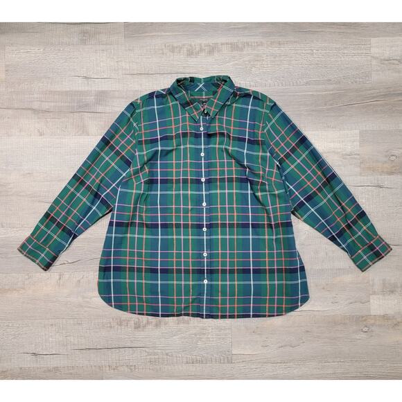 Talbots Plus Size 3X Flannel Button Up Shirt Plaid Green Shimmer Holiday Top - Picture 1 of 6